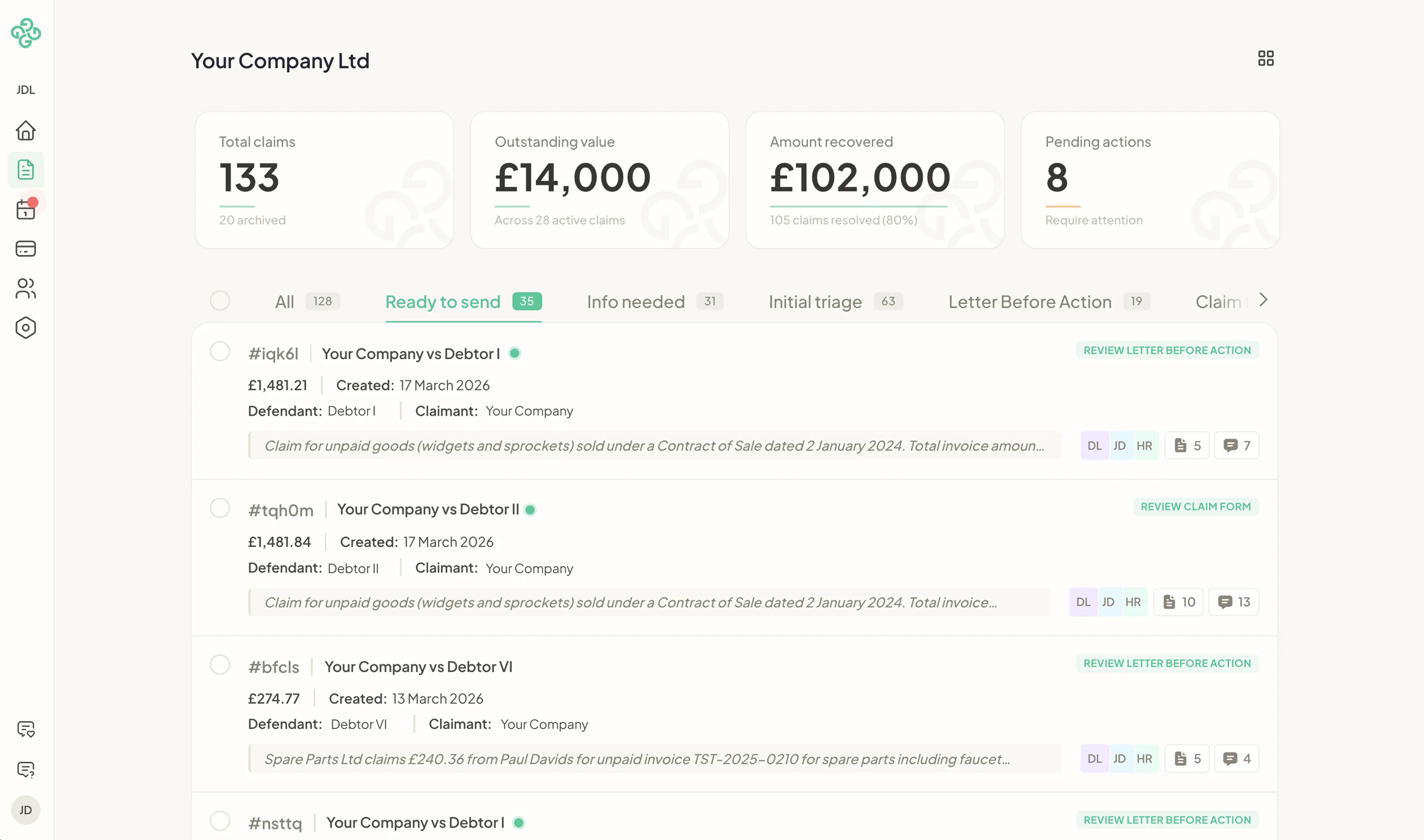 Garfield claims dashboard with totals and claim list