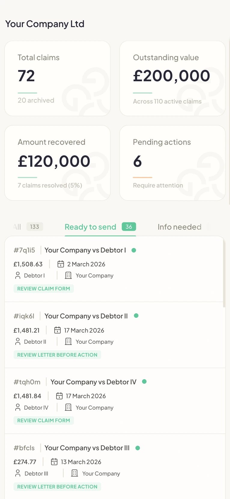 Garfield claims dashboard with totals and claim list
